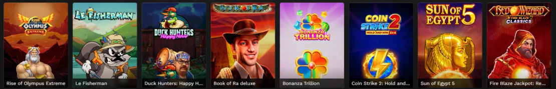 Online-Casinospiele mit Rise of Olympus Extreme, Le Fisherman, Duck Hunters, Book of Ra Deluxe, Coin Strike 2 und Sun of Egypt 5